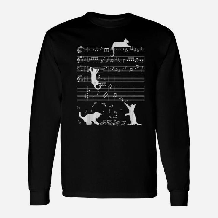 Cute Cat Distressed Music Notes Kitty Piano Musician Long Sleeve T-Shirt