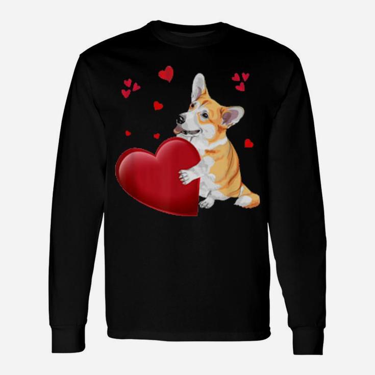 Cute Corgi Valentines Day Holding Heart Couple Matching Long Sleeve T-Shirt