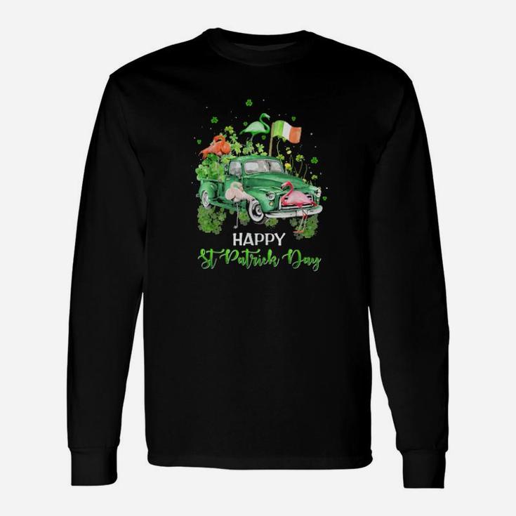 Cute Flamingo Truck Shamrock Green St Patrick Day Long Sleeve T-Shirt