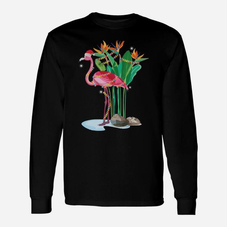 Cute Pink Flamingo Christmas Lights Xmas Tree Gift Sweatshirt Unisex Long Sleeve