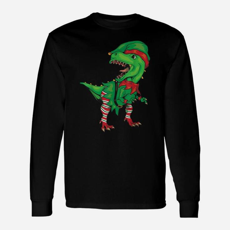 Dinosaur In Elf Costume Christmas Shirt | Gnome T-Rex Gift Unisex Long Sleeve