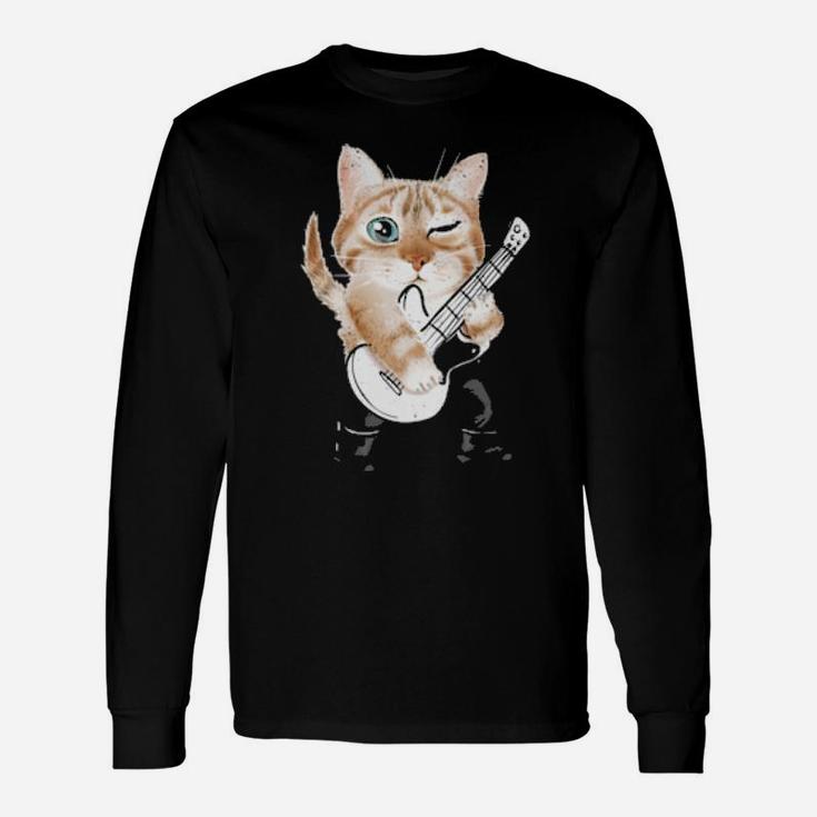 Distressed Retro Vintage Cat Playing Music Long Sleeve T-Shirt