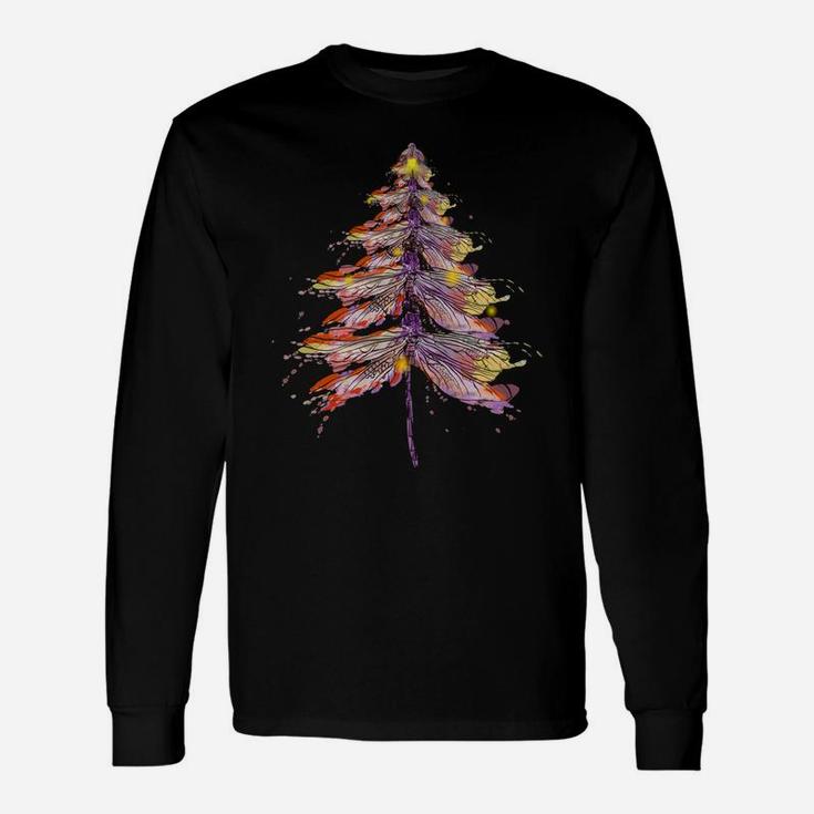 Dragonfly Christmas Tree Colorfull Retro Vintage Watercolor Unisex Long Sleeve