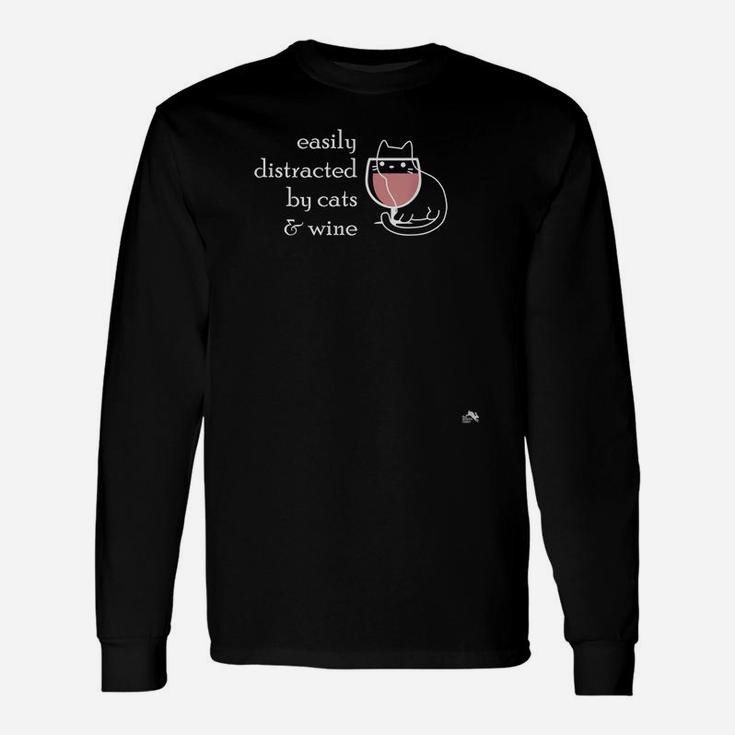 Easily Distracted By Cats & Wine Gift For Wine & Cat Lovers Unisex Long Sleeve