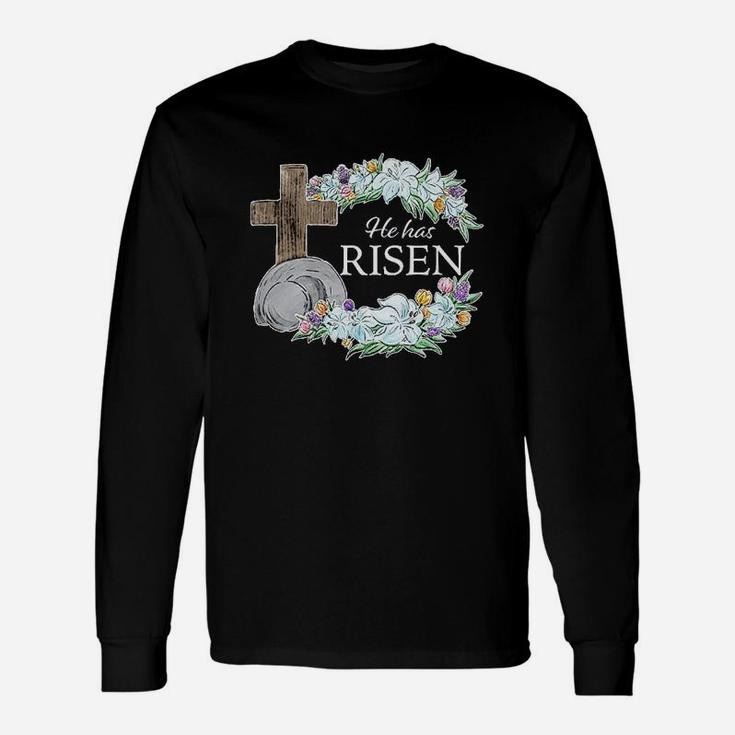 Easter He Has Risen With Cross And Flowers Unisex Long Sleeve