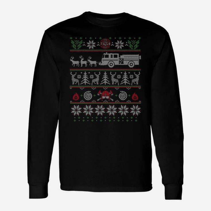 Firefighter Fire Truck Pulled By Reindeer Ugly Christmas Unisex Long Sleeve