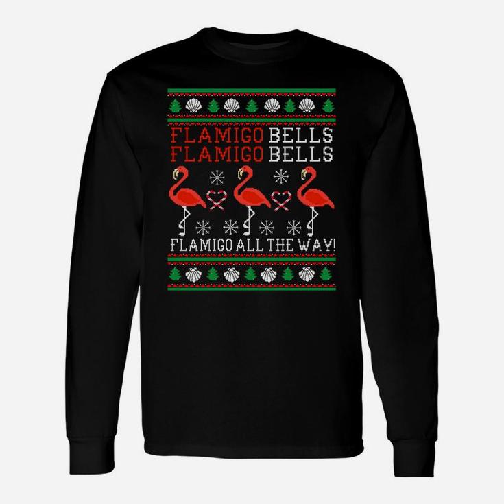 Flamingo Bells All The Way Ugly Christmas Funny Holiday Sweatshirt Unisex Long Sleeve