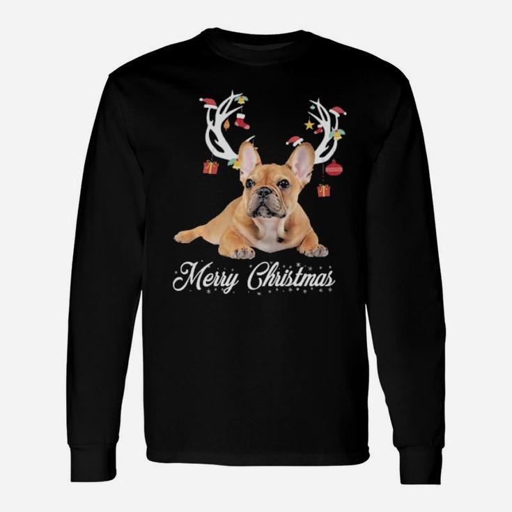 French Bulldog Reindeer Horns Merry Xmas Dog Lover Long Sleeve T-Shirt