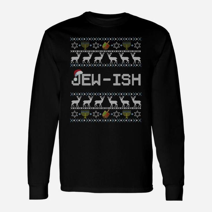 Fun Ugly Hanukkah Sweater Jew-Ish Santa Hat Merry Christmas Sweatshirt Unisex Long Sleeve