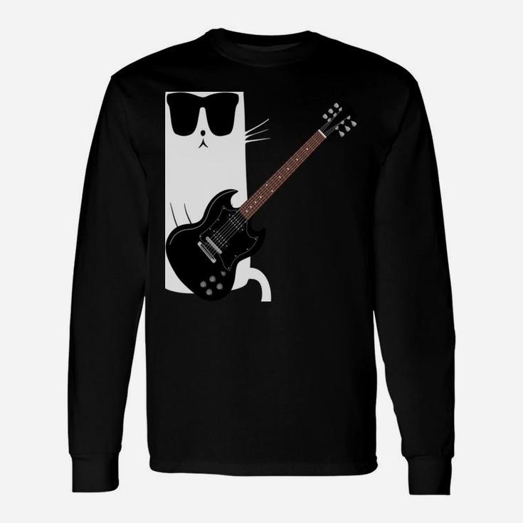 Funny Cat Wearing Sunglasses Playing Electric Guitar Unisex Long Sleeve