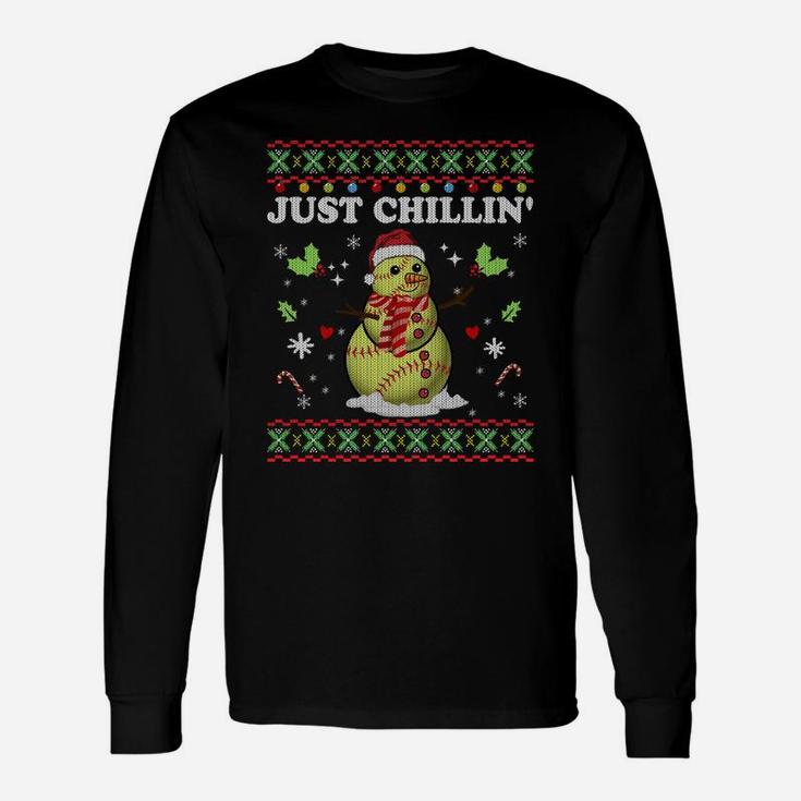 Funny Chillin' Snowman Softball Ball Ugly Christmas Sweater Sweatshirt Unisex Long Sleeve