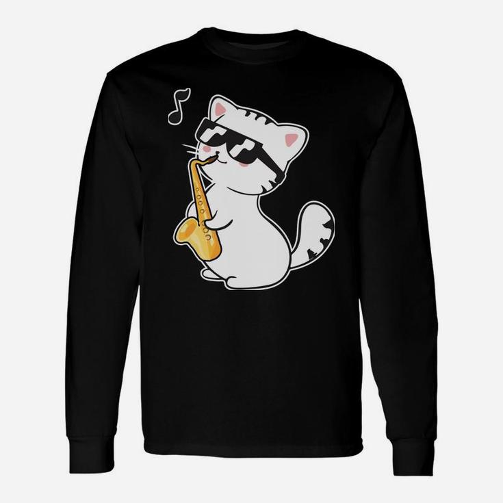 Funny Cool Cat Wearing Sunglasses Playing Saxophone Day Gift Unisex Long Sleeve