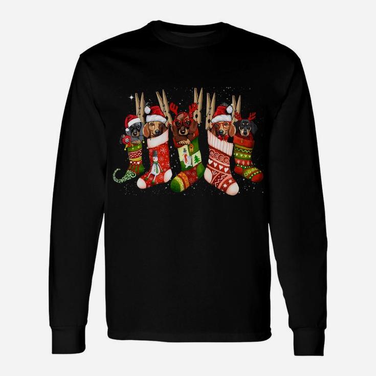 Funny Dachshund Dog In Christmas Sock Santa Hat Xmas Dog Sweatshirt Unisex Long Sleeve