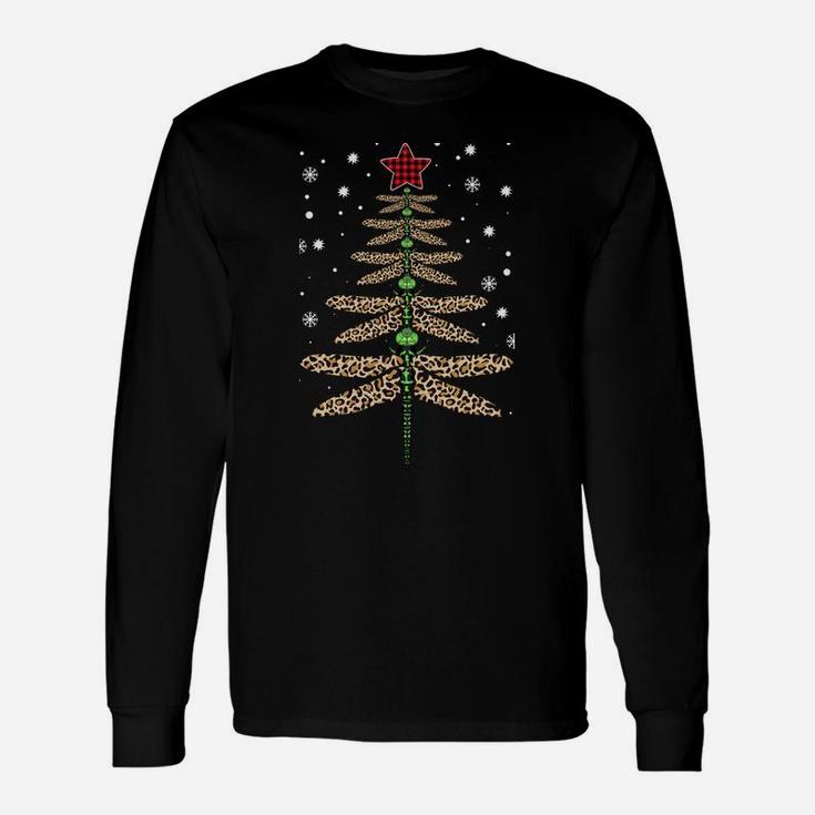 Funny Dragonfly Christmas Tree Ornaments Leopard Red Plaid Sweatshirt Unisex Long Sleeve
