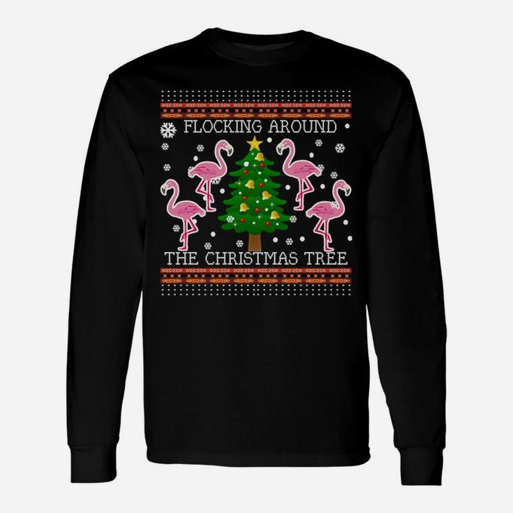 Funny Flamingo Ugly Christmas Tree Snow Sweater Jumper Unisex Long Sleeve