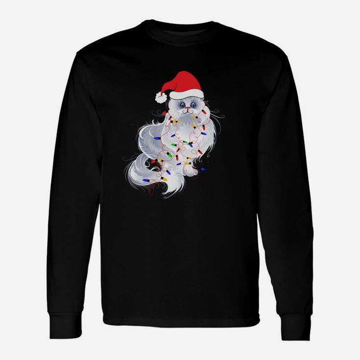 Funny Xmas Persian Cat Christmas Lights Santa Claus Hat Gift Sweatshirt Unisex Long Sleeve