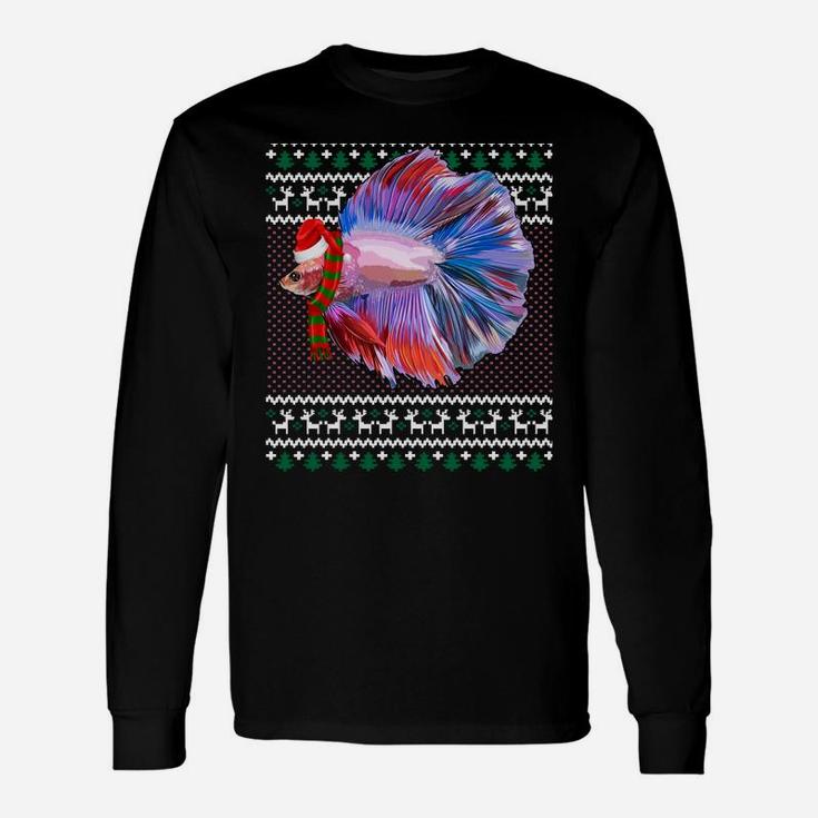 Funny Xmas Santa Hat Betta Fish Ugly Christmas Sweatshirt Unisex Long Sleeve