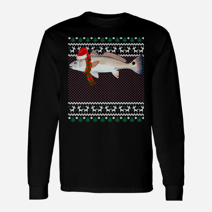 Funny Xmas Santa Hat Redfish Ugly Christmas Sweatshirt Unisex Long Sleeve