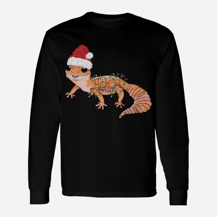 Gecko In Christmas Lights And Santa Hat Funny Gecko Graphic Unisex Long Sleeve