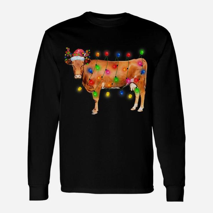 Heifer Cow Christmas Lights Funny Santa Hat Merry Christmas Raglan Baseball Tee Unisex Long Sleeve