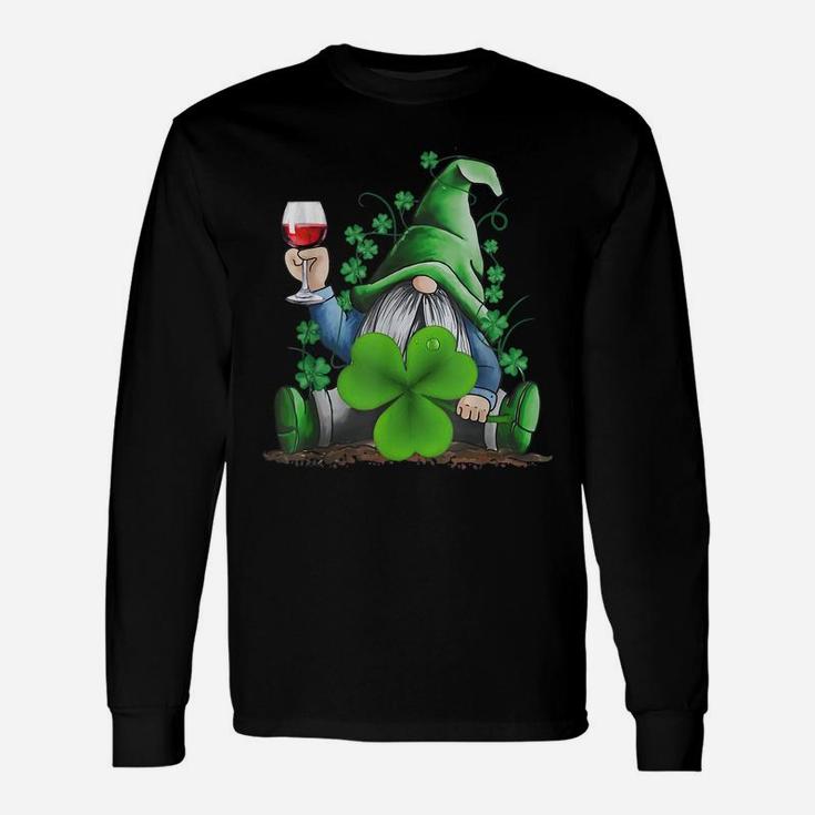 Hippie Gnome Drinking Wine With Shamrock St Patrick's Day Unisex Long Sleeve