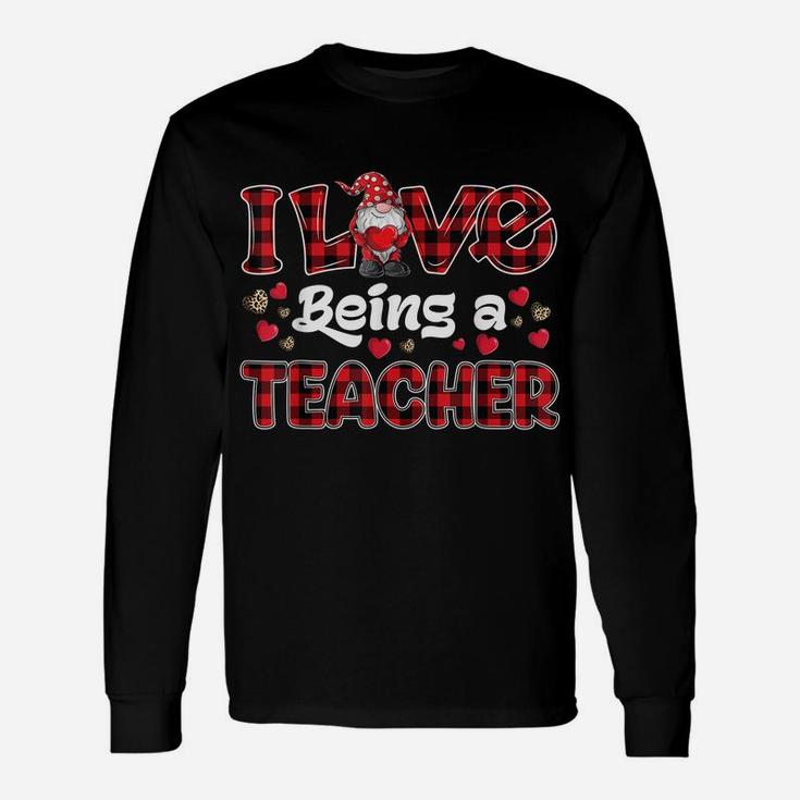 I Love Being Teacher Red Plaid Hearts Gnome Valentine's Day Unisex Long Sleeve