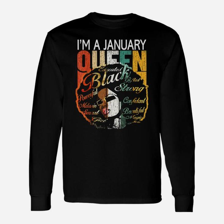 January Birthday Shirts Gift For Women - Black African Queen Unisex Long Sleeve