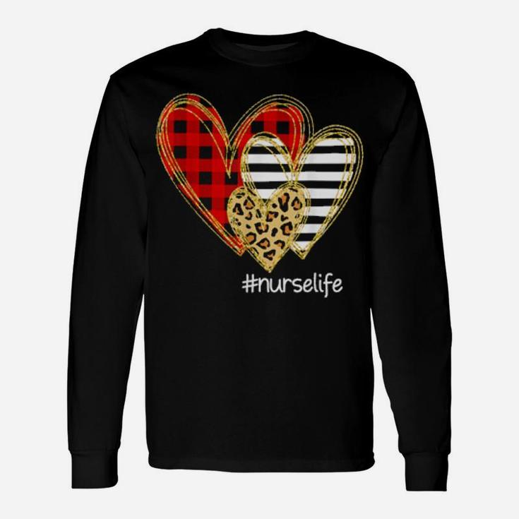 Leopard Red Plaid Striped Hearts Nurse Life Valentine's Day Long Sleeve T-Shirt