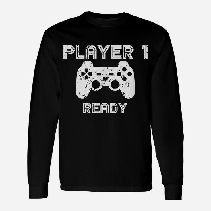 Mens Player 1 Ready Gamer Husband Shirt Gaming Gift For New Dad Unisex Long Sleeve