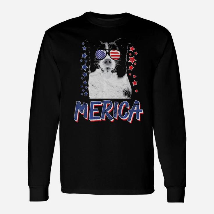 Merica Border Collie Dog 4Th Of July Usa Long Sleeve T-Shirt