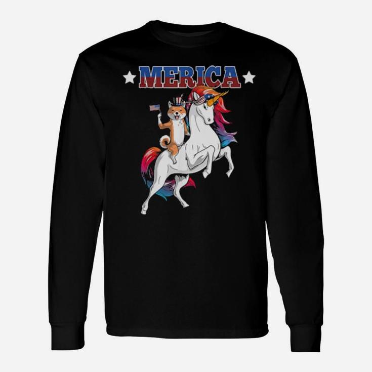 Merica Shiba Inu Dog Unicorn Usa Flag 4Th Of July Long Sleeve T-Shirt