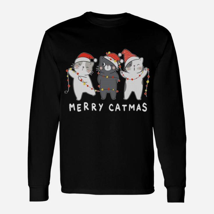 Merry Catmas Meowy Cutes Three Cat Santa Hat Christmas Sweatshirt Unisex Long Sleeve