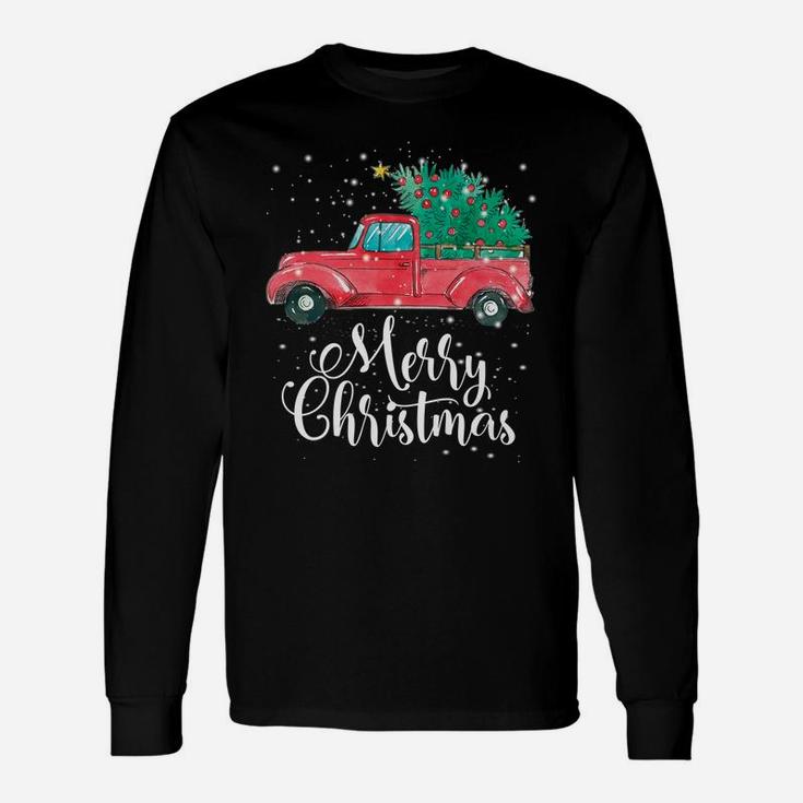 Merry Christmas Red Truck Pick Up Tree Family Pajama Gift Unisex Long Sleeve