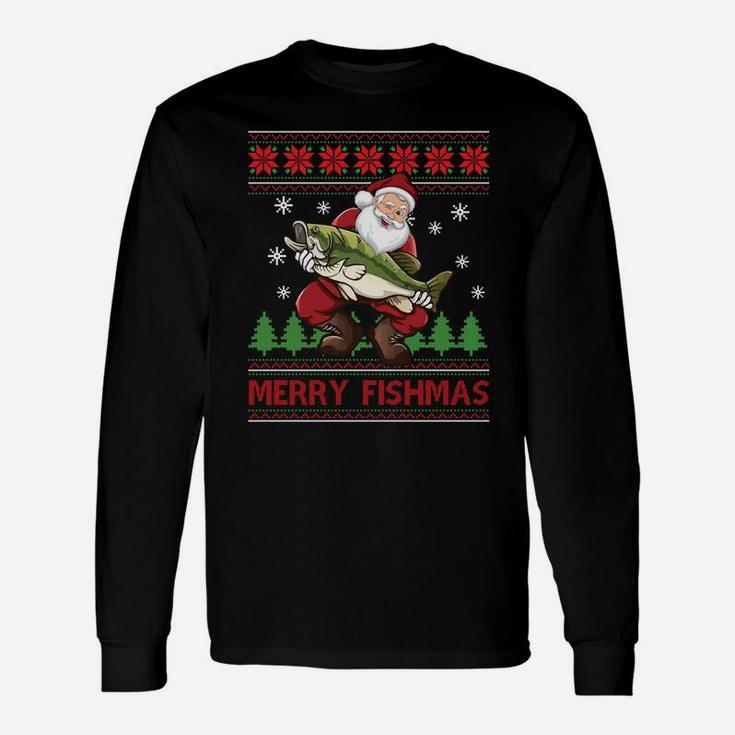 Merry Fishmas Santa Fishing Ugly Christmas Sweater Style Unisex Long Sleeve