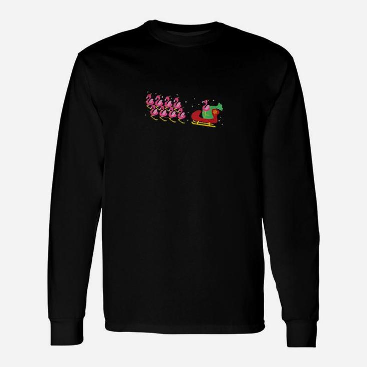 Pink Flamingo With Santa Claus Hat And Reindeer Sleigh Long Sleeve T-Shirt