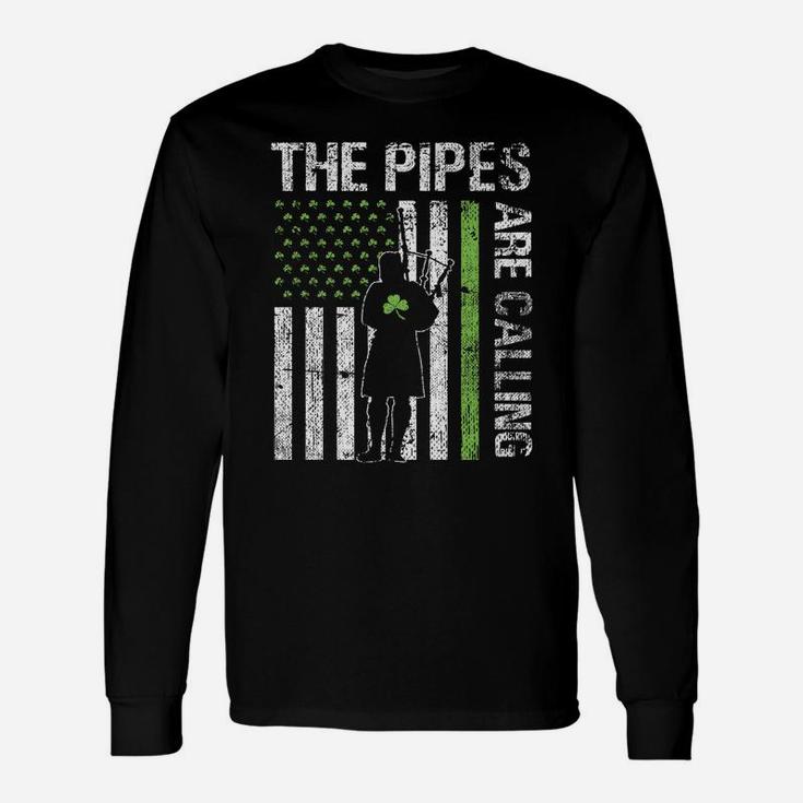 Pipes Are Calling Patricks Day Irish Bagpipe America Flag Unisex Long Sleeve