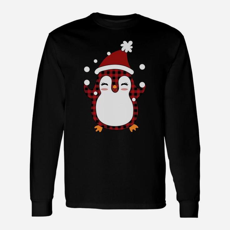 Plaid Penguin Santa Hat - Funny Penguin Christmas Sweatshirt Unisex Long Sleeve