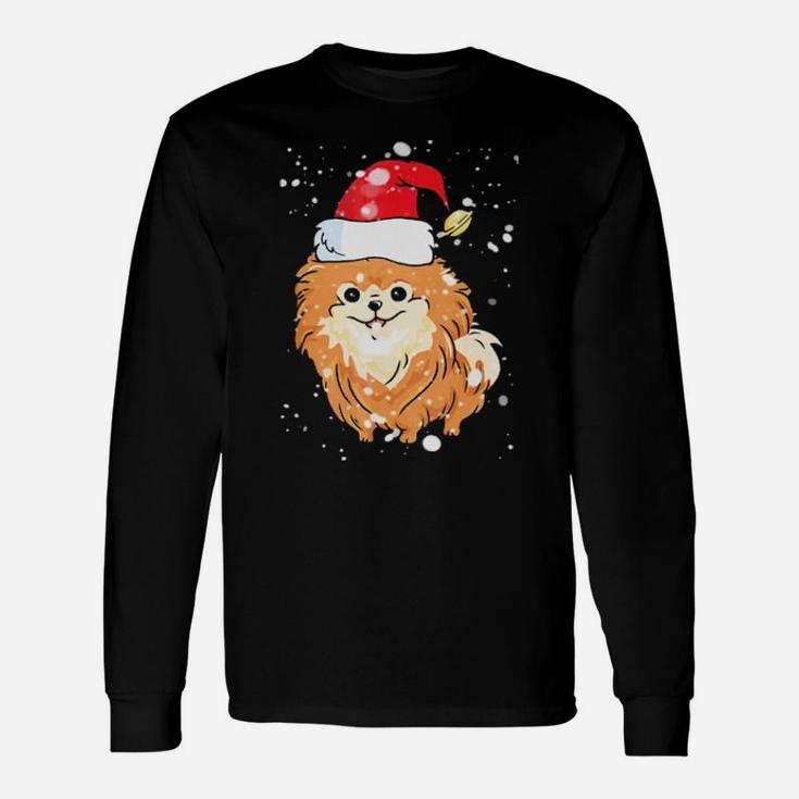 Pomeranian Licking Snow On Nose Santa Xmas Hat Long Sleeve T-Shirt