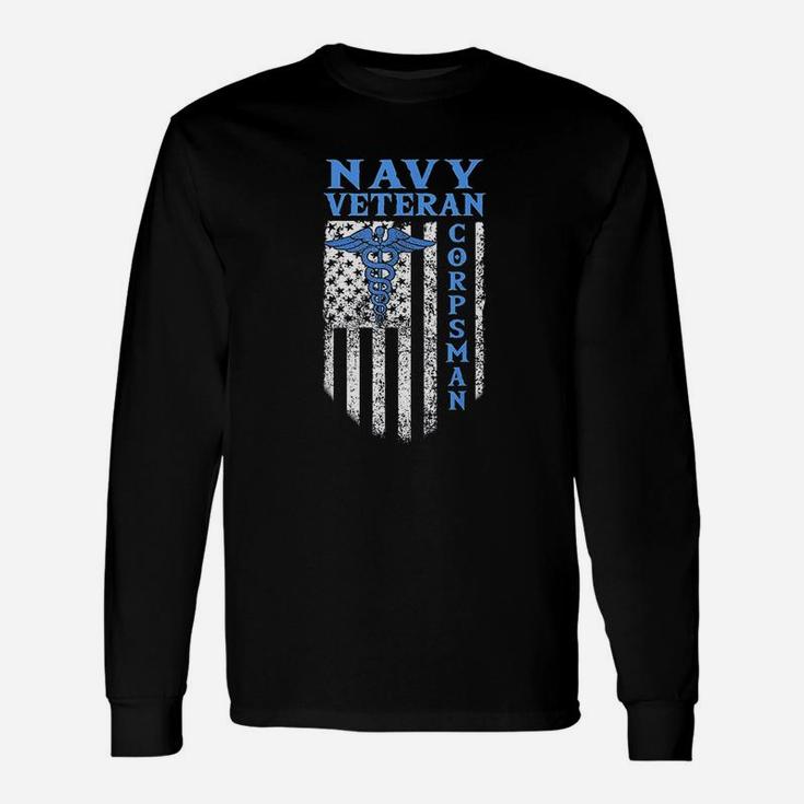 Proud Navy Corpsman  Usa Flag Vintage Veteran Unisex Long Sleeve