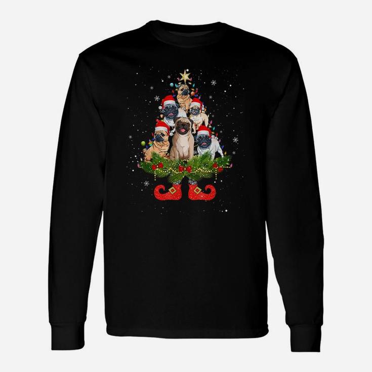 Pug Christmas Tree Lights Funny Santa Hat Dog Lover Unisex Long Sleeve