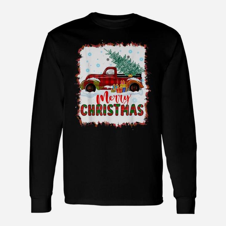 Red Buffalo Plaid Truck Merry Christmas Tree Bleached Print Unisex Long Sleeve
