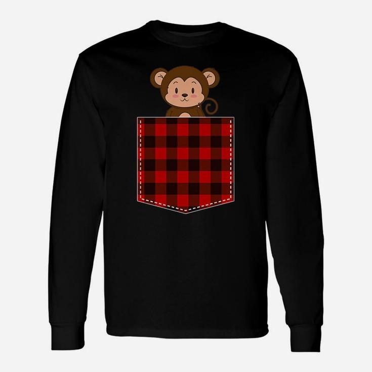 Red Plaid Monkey In Pocket Buffalo Family Pajama Christmas Unisex Long Sleeve