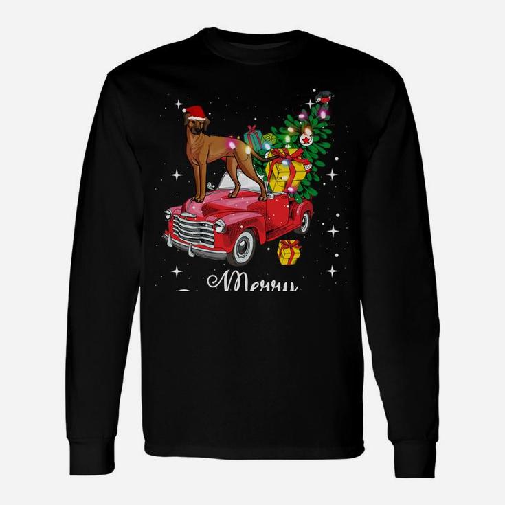Rhodesian Ridgeback Ride Red Truck Christmas Funny Dog Sweatshirt Unisex Long Sleeve