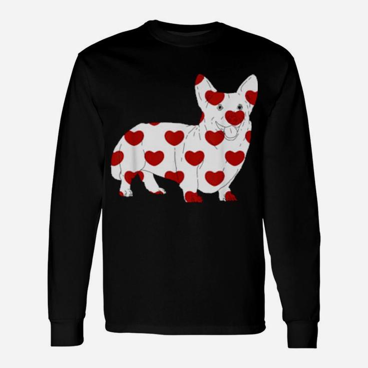 Romantic Corgi Dog With Red Hearts Print Valentines Day Long Sleeve T-Shirt
