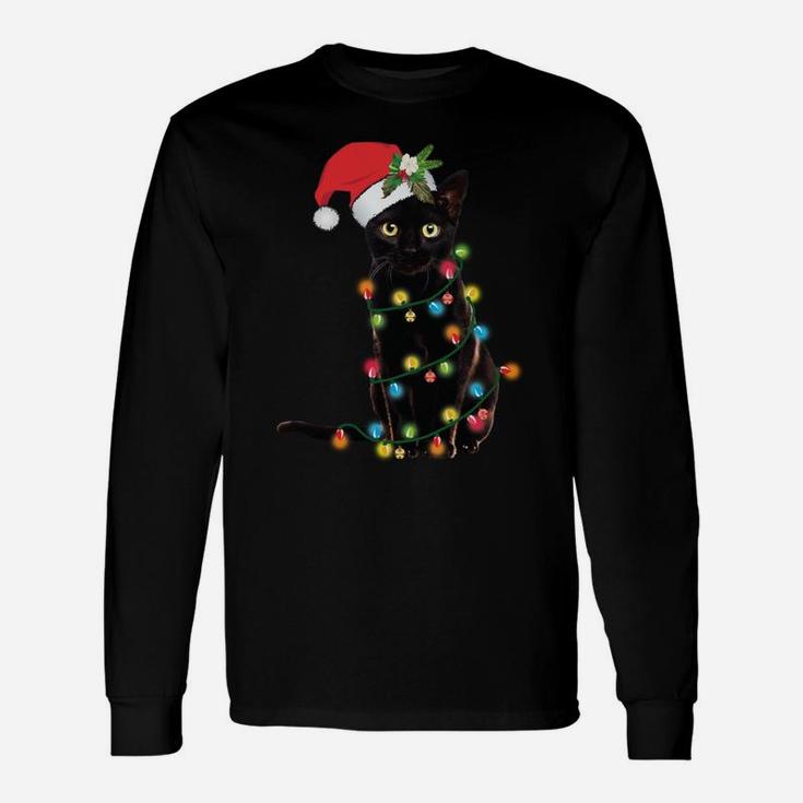 Santa Black Cat Wrapped Up In Christmas Tree Lights Holiday Unisex Long Sleeve