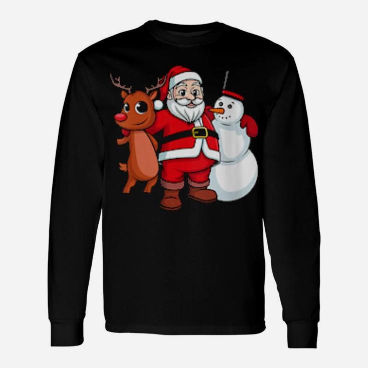 Santa Claus Hugging Snowman And Reindeer Long Sleeve T-Shirt