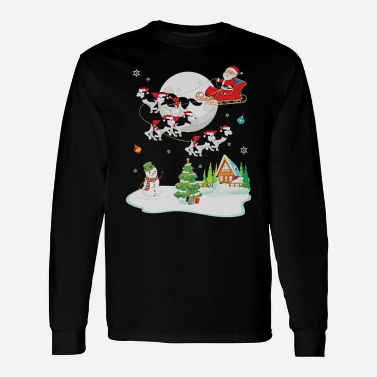 Santa Claus And Husky Dogs Snowman Dancing Noel Long Sleeve T-Shirt