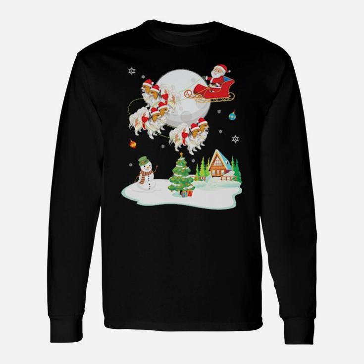 Santa Claus And Papillon Dogs Snowman Dance Noel Snow Long Sleeve T-Shirt
