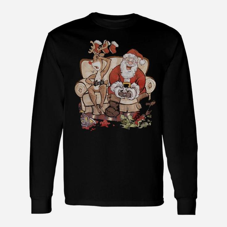 Santa And Reindeer Playing Games Together Long Sleeve T-Shirt