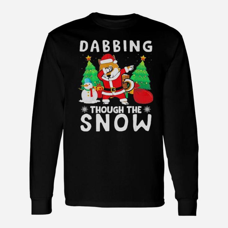 Shiba Inu Dabbing Through The Snow Penguins Xmas Presents Long Sleeve T-Shirt